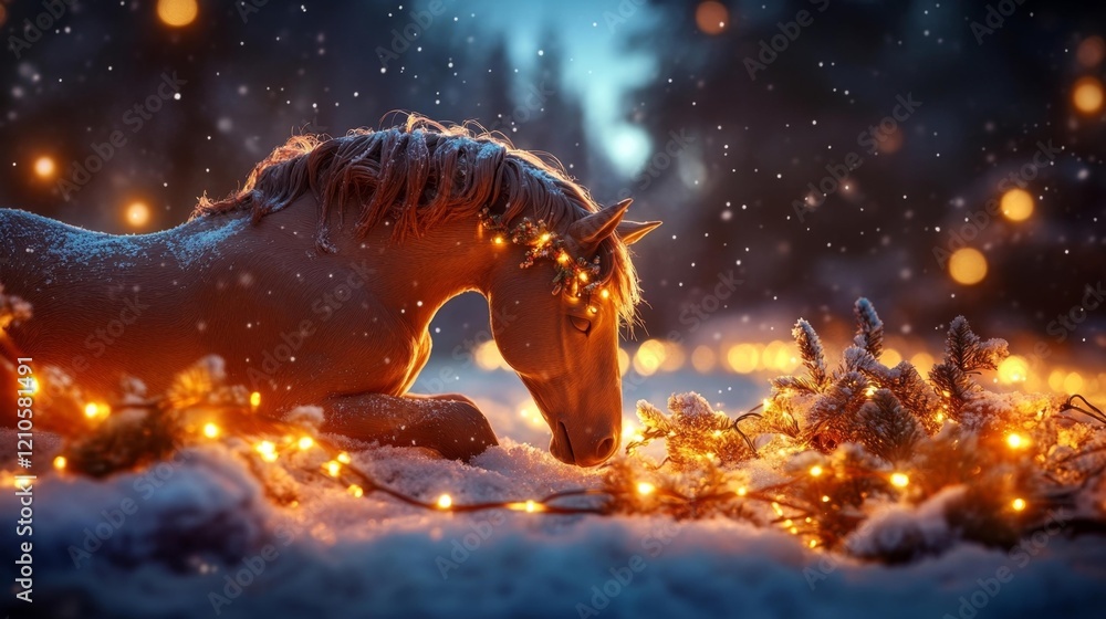 Rustic Winter Celebration with Horse Sculpture and Holiday Lights. Generative AI Rustic Winter Celebration with Horse Sculpture and Holiday Lights. Generative AI