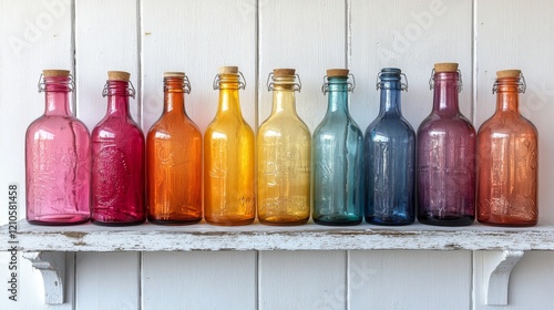 Colorful glass bottles arranged in a row on a rustic shelf against a white wall
