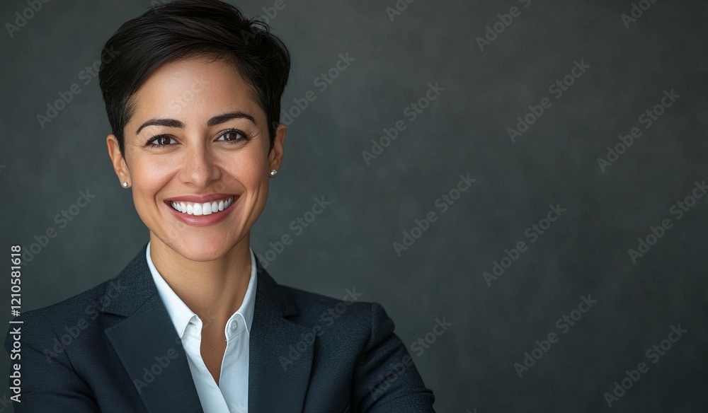 Confident business professional exuding warmth and approachability in a stylish suit against a minimalist backdrop Confident business professional exuding warmth and approachability in a stylish suit against a minimalist backdrop