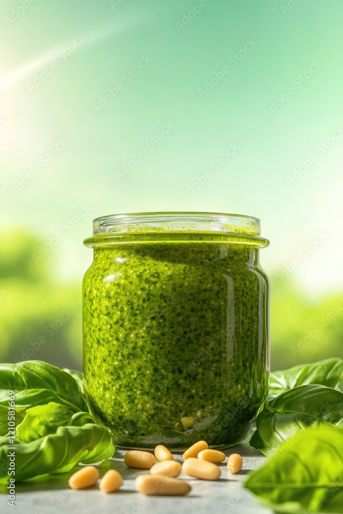 commercial photography for advertising campaign featuring jar of vibrant pesto surrounded by fresh basil and pine nuts commercial photography for advertising campaign featuring jar of vibrant pesto surrounded by fresh basil and pine nuts