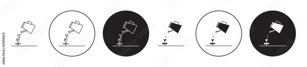 Plant watering can icons set in black filled and stroke line style Plant watering can icons set in black filled and stroke line style