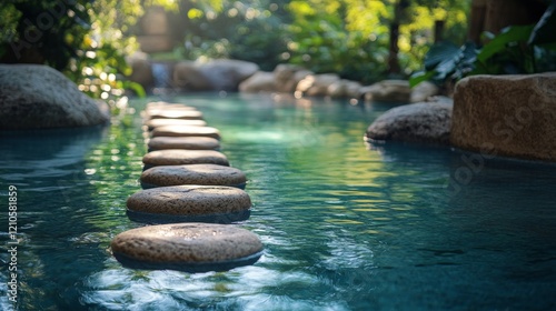 Tranquil stepping stones in a serene green garden waterway creating a calm na...
