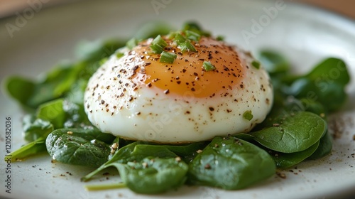 Freshly cooked egg on a bed of spinach with seasoning placed on a rustic plate