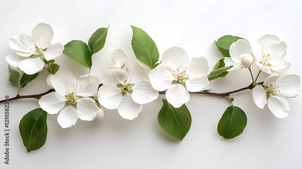 Fototapeta premium White flowering branch with leaves showcasing natural beauty and simplicity. Generative AI
