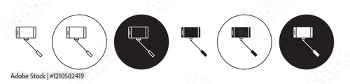 Selfie stick icons set in black filled and stroke line style