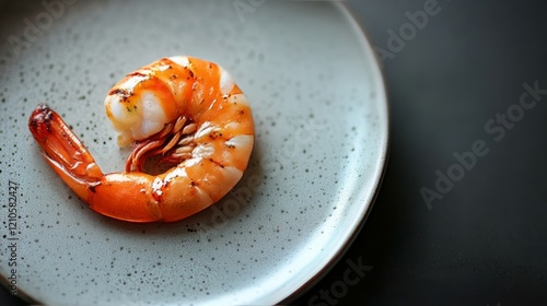 Fresh shrimp served on a plate with lemon and garnished vegetables in a moder...