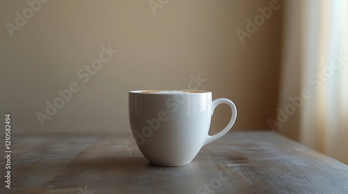 Simple white coffee cup on a wooden table near a window with natural light