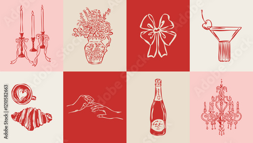 Love and wedding sketch style illustration set. 
