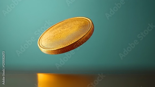 Floating gold coin above a textured surface captured in soft lighting