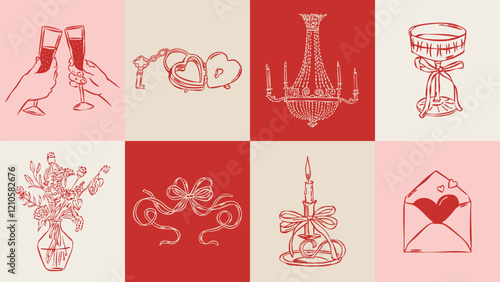 Love and wedding sketch style illustration set. 