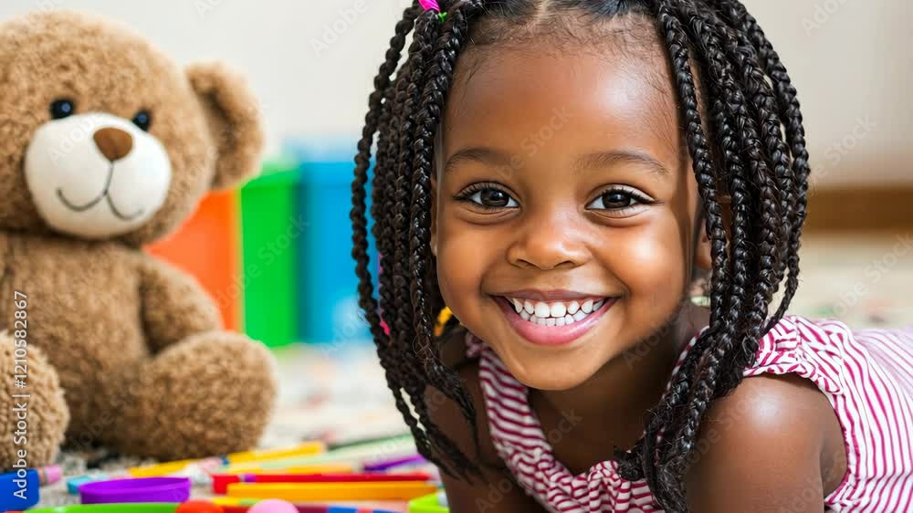 Young girl playing and smiling with colorful toys and a teddy bear in a bright indoor space Young girl playing and smiling with colorful toys and a teddy bear in a bright indoor space