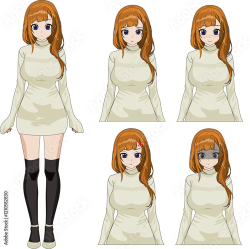 Beautiful anime girl in dress vector full body with expression npc game character illustration