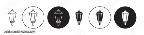 Street lamp icons set in black filled and stroke line style