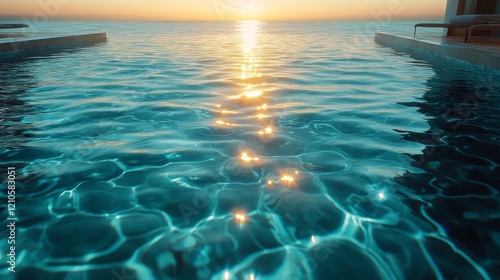 Stunning sunset view over serene infinity pool by the ocean at dusk