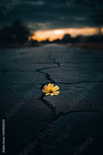 flower growing through cracked asphalt