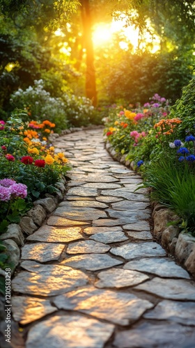 Colorful flower garden path illuminated by warm sunlight during a serene even...