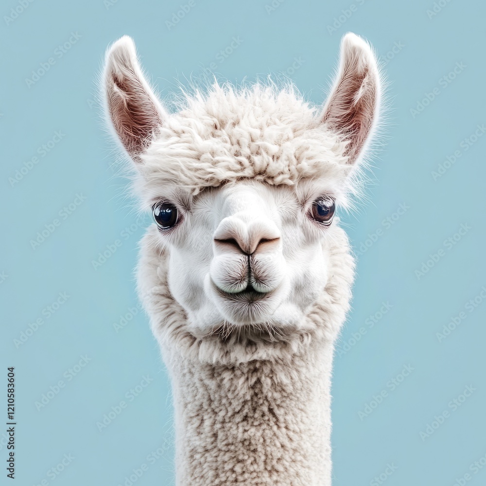 Obraz premium Whimsical White Alpaca on a Bright Blue Canvas â€“ A Playful Take on Nature's Charming Mammal