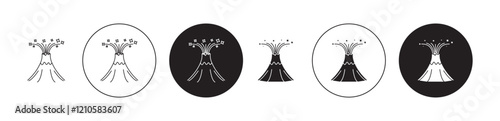 Volcano eruption icons set in black filled and stroke line style