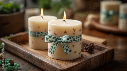 Elegant candle with shamrock design placed on wooden tray in cozy interior space