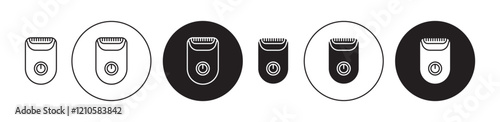 Woman electric epilator icons set in black filled and stroke line style