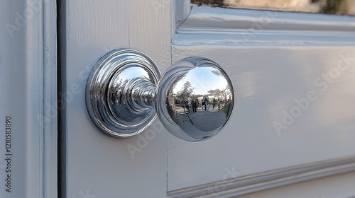 Close-up view of a shiny door knob on a blue painted door highlighting intric...