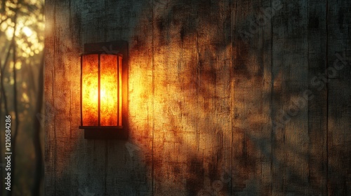 Warm light illuminating wooden wall in serene forest setting during twilight