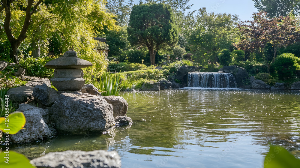 Naklejka premium Peaceful Japanese Garden with Small Waterfall and Lush Greenery : Generative AI