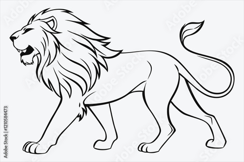 line art illustration of a majestic lion in a walking posture.