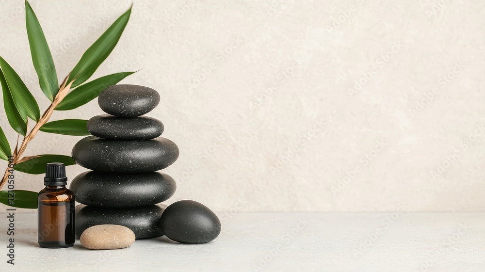 Fototapeta premium Mindful living with wellness and consciousness concept. Serene spa setting with stacked stones and essential oil bottle.