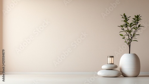 Mindful living with wellness and consciousness concept. Minimalist decor with vase, stones, and plant on wooden table.
