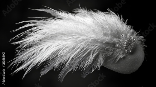 Elegant black hat adorned with feathers and embellishments on a dark backdrop