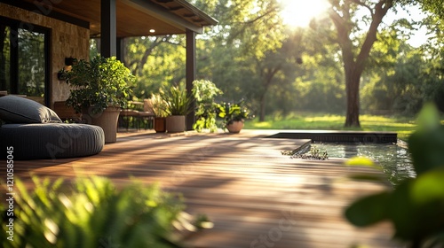 Relaxing outdoor space with pool and lush greenery during golden hour