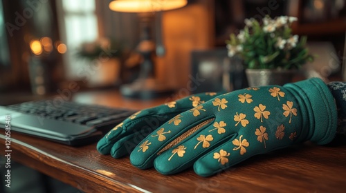 Green gloves with clover patterns resting on a wooden table next to a keyboar...