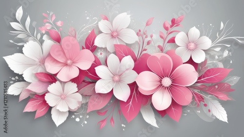Elegant paper art flowers in pink and white on gray background