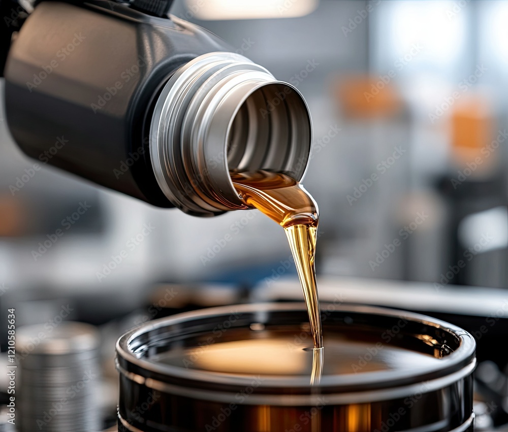 Liquid being poured from a metallic container into a large storage tank at a manufacturing facility during the daytime Liquid being poured from a metallic container into a large storage tank at a manufacturing facility during the daytime