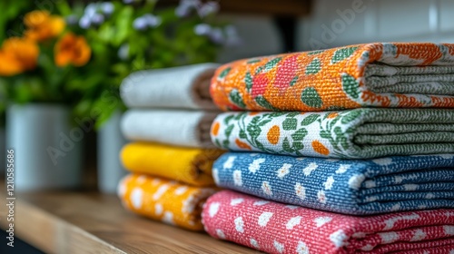 Brightly colored floral towels neatly arranged on a black wooden table in a s...