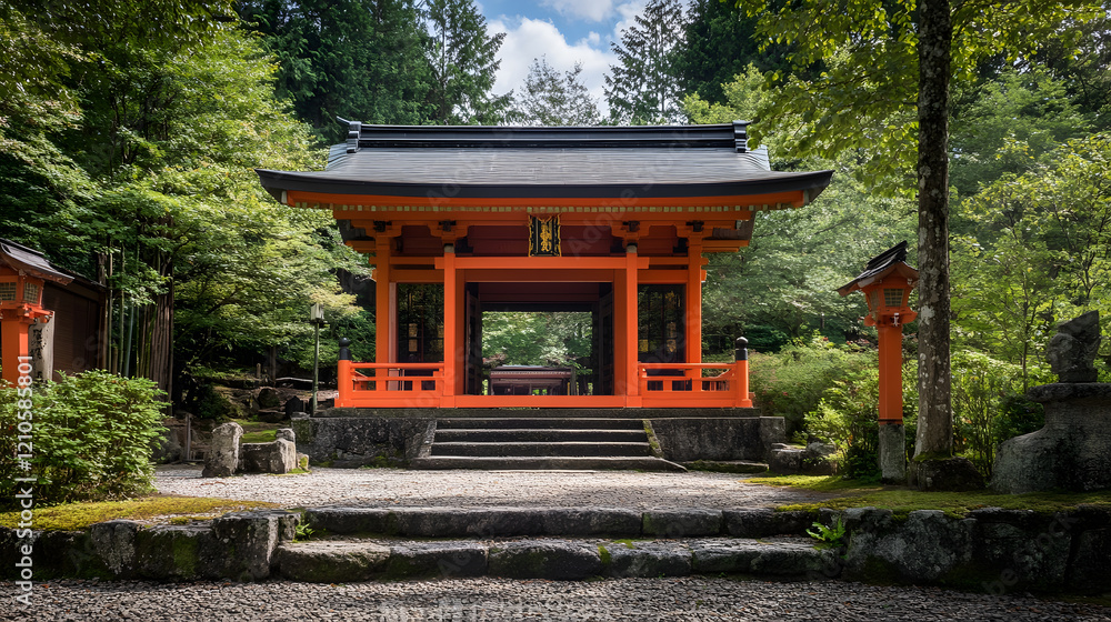 Traditional Japanese Torii Gate Amid Lush Green Forest Landscape : Generative AI Traditional Japanese Torii Gate Amid Lush Green Forest Landscape : Generative AI