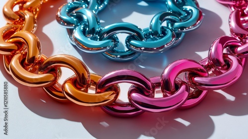 Colorful metallic chains arranged creatively on a bright background for artis...