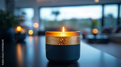 Cozy evening ambiance created by glowing candles in a modern living space wit...