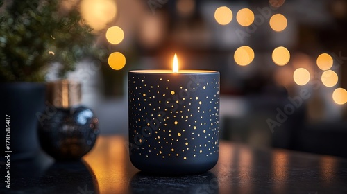 Cozy evening ambiance created by glowing candles in a modern living space wit...