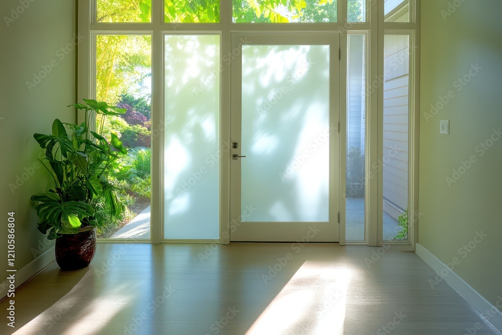 Fototapeta premium A peaceful entryway with light streaming through frosted glass, creating a soft and diffused glow
