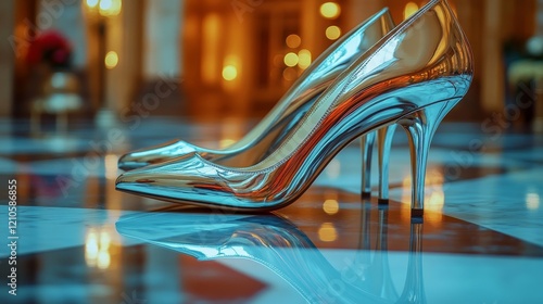 High heel shoes displayed on glossy floor in modern indoor setting with warm ...
