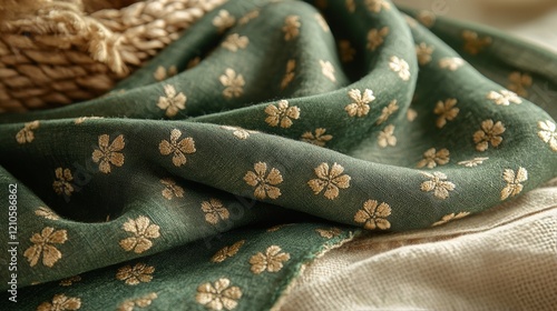 Elegant green fabric with floral design draped on a delicate surface