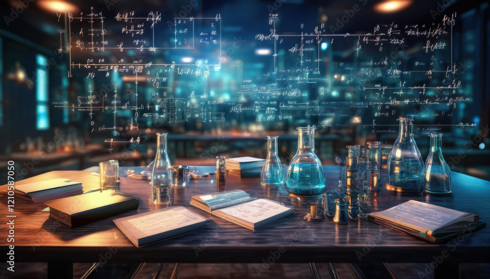 Floating equations illustrate firefly physics concepts in a dimly lit laboratory setting with scientific glassware Floating equations illustrate firefly physics concepts in a dimly lit laboratory setting with scientific glassware