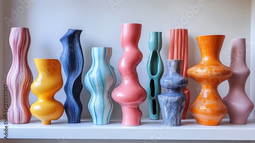 Unique colorful vases arranged on a windowsill with natural light illuminated...