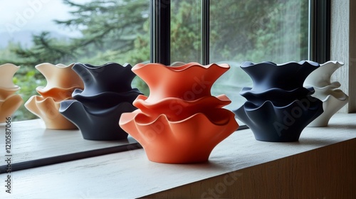 Unique colorful vases arranged on a windowsill with natural light illuminated...