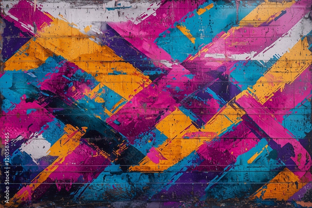 Fototapeta premium A colorful, abstract spray paint pattern covering a worn urban wall, blending vibrant hues and dynamic shapes for an energetic composition.