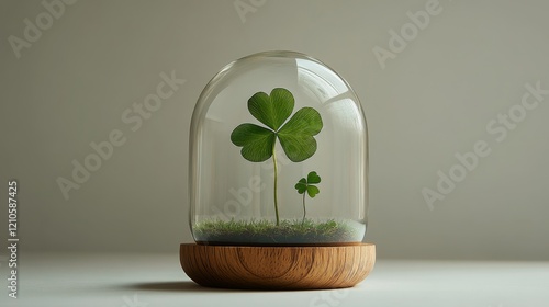 Unique glass dome showcasing a four-leaf clover resting on moss in a wooden base