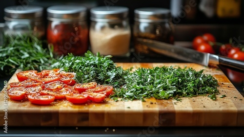 Freshly chopped cilantro and garlic beside a chef's knife on a wooden cutting...