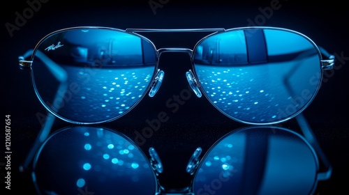 Reflective sunglasses highlight captivating blue tones against a dark background